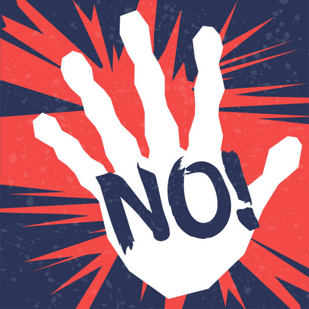 A human palm with the word NO! written on it, raised against a red and blue shattered background to stop the crimes of domestic violence.